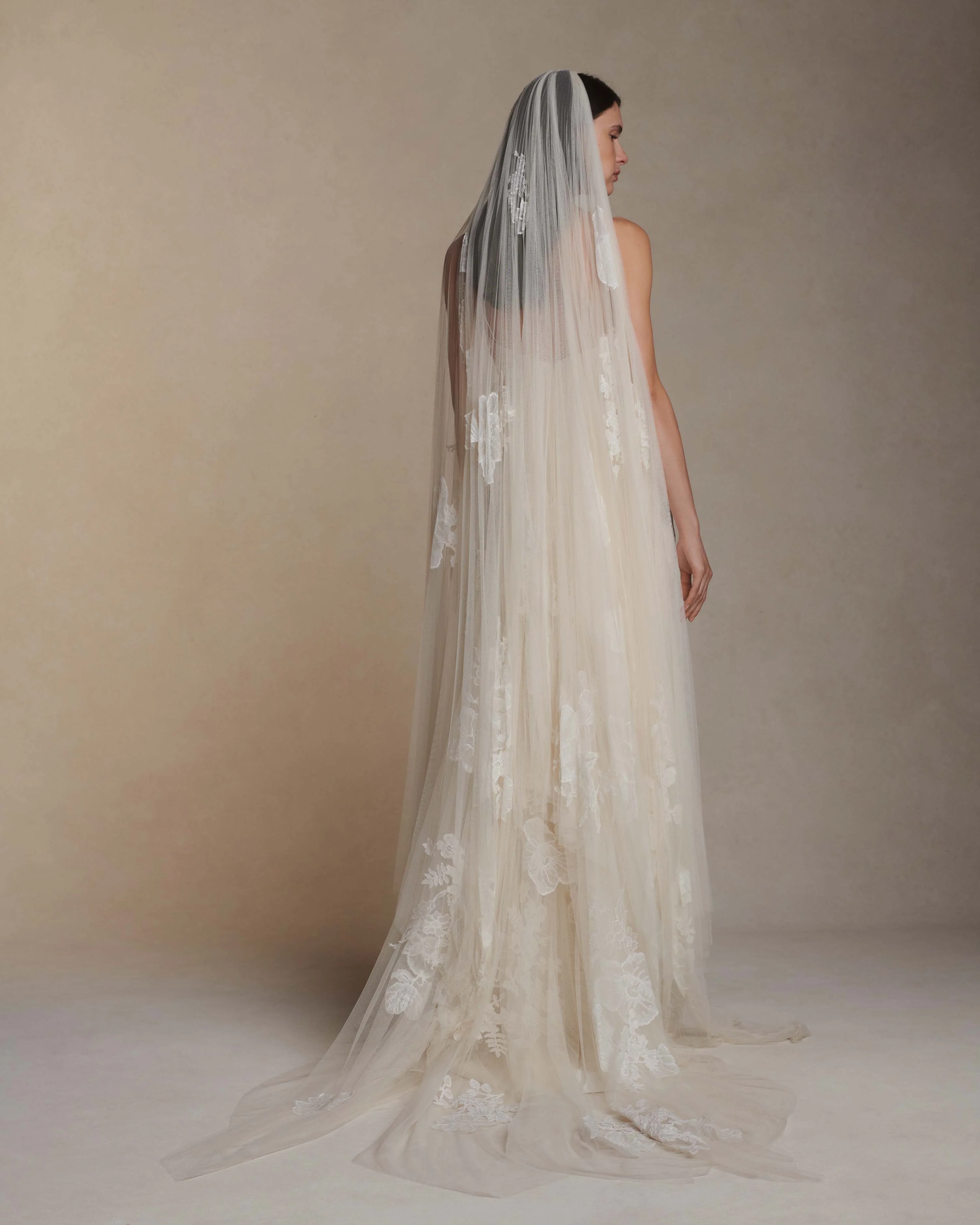 Pleated Lace Appliqué Veil - Floor - Image 3